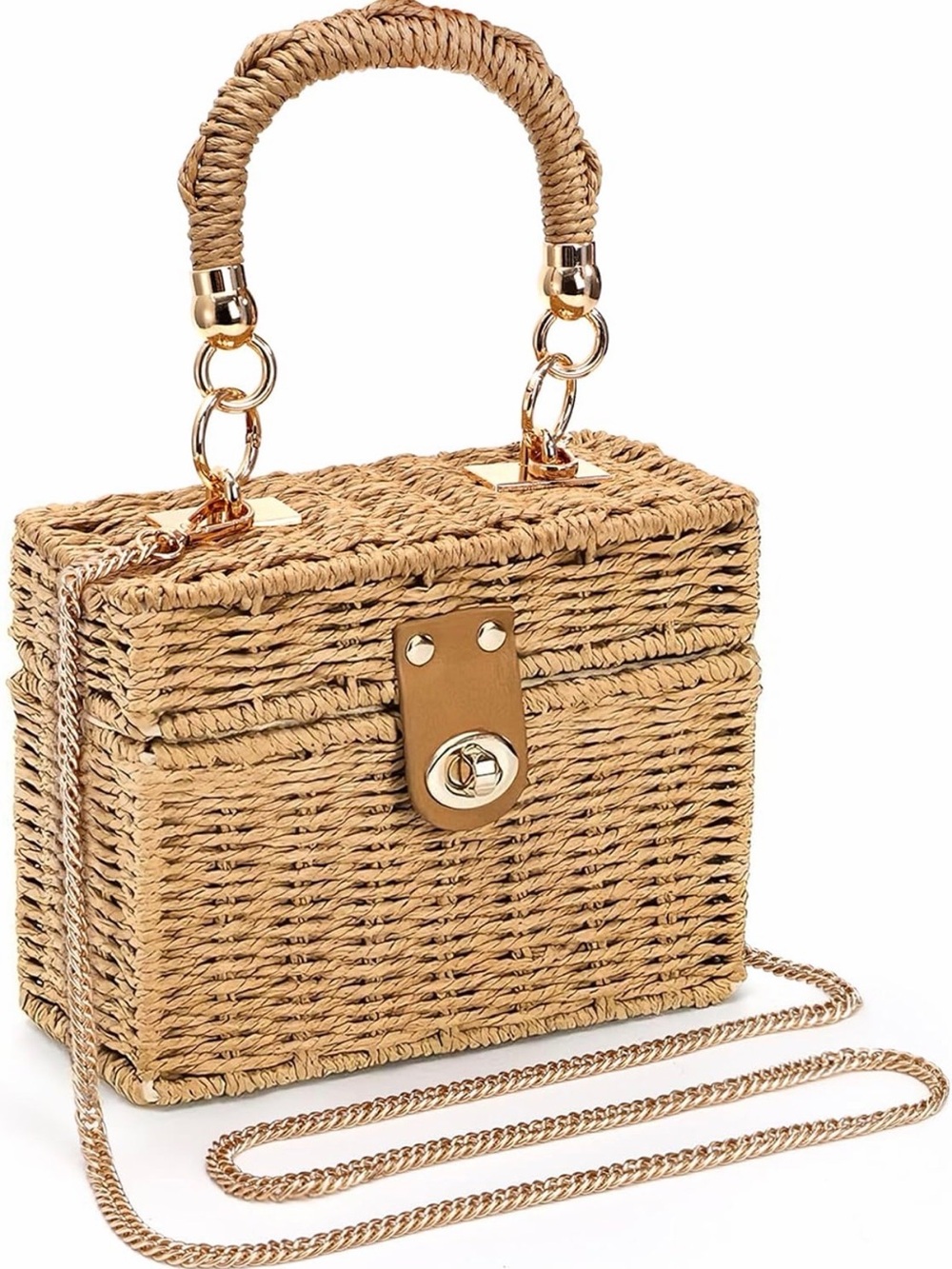 Woven Straw Box Handbag with Gold Hardware - Natural